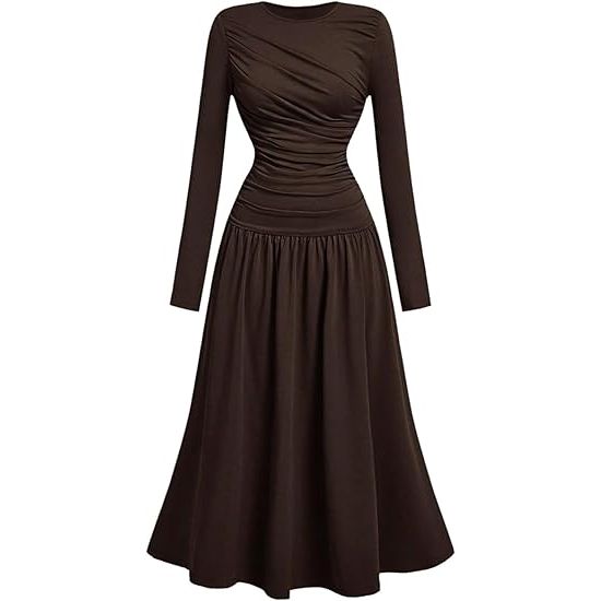 Women's Long Sleeve A-Line Flared Ruched Long Dress