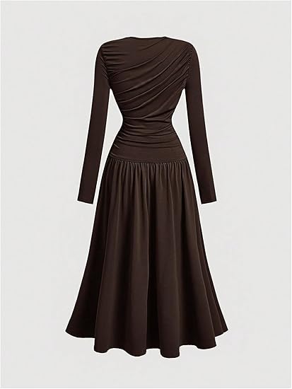 Women's Long Sleeve A-Line Flared Ruched Long Dress