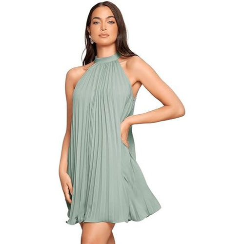 Women's Tie Back Halter Neck Sleeveless Pleated Mini Dress