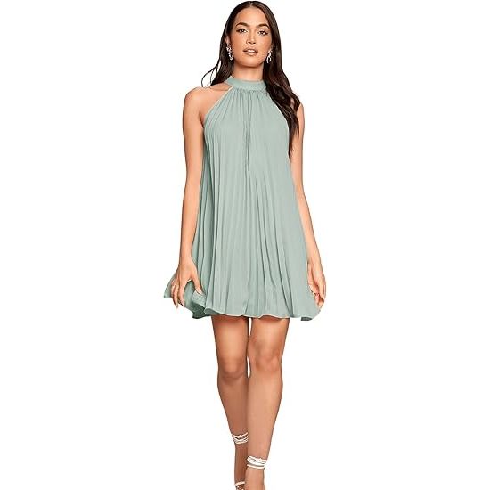 Women's Tie Back Halter Neck Sleeveless Pleated Mini Dress