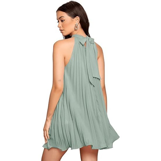 Women's Tie Back Halter Neck Sleeveless Pleated Mini Dress